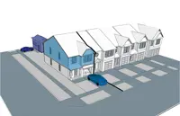 Three-dimensional example of two (2) residential units in a townhouse and (1) residential unit in an accessory structure on the same lot.