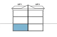 Two-dimensional example of two (2) residential units on one side of a semi-detached house and one residential units on the other side (lot) of the semi-detached house.