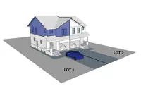 Three-dimensional example of two (2) residential units on one side of a semi-detached house and one residential units on the other side (lot) of the semi-detached house.