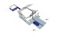 Three-dimensional l example of one (1) residential unit in a semi-detached house and one (1) residential unit in an accessory structure on one lot.