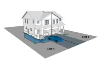 Three-dimensional example of two (2) residential units on one side of a semi-detached house and one residential units on the other side (lot) of the semi-detached house.